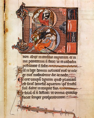Lettrine B decoree لتمثيل الملك داود وهو يعزف pslaterion والذي يرسم صفحة جالوت من مخطوطة "Psalterium Cum Calendario" "القرن الثالث عشر بادوا ، مكتبة المدرسة الإكليريكية بواسطة المدرسة الايطالية
