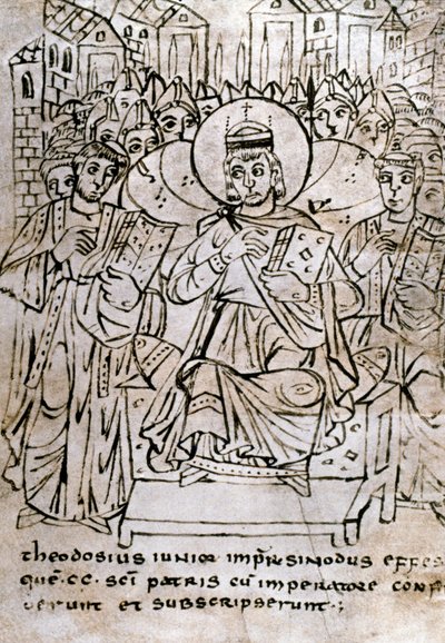 Lombard Art: “” Emperor Theodosius II (401-450), grandson of Theodosius I, at the Council of Ephesus on 22/06/431, condemning nestorianism (of the Patriarch Nestorius or Nestorios)”” Drawing with pen on parchment draws from a treaty of canonical rights. 9t بواسطة المدرسة الايطالية