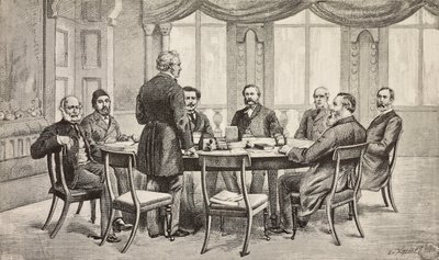 London conference on Egypt, United Kingdom: Count Munster, Musurus Pasha, Granville (standing), Count Nigra, Waddington, De Staal, Childers, Count Karolyi, engraving from drawing by Edoardo Ximenes, from L