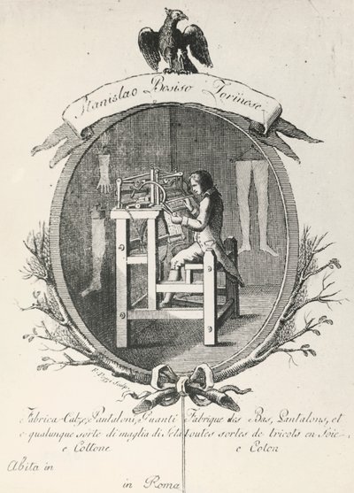 نول لصنع الجوارب والسراويل والقفازات والنقش على ملصق إعلاني لشركة Stanislaus Bosiso بإيطاليا بواسطة المدرسة الايطالية