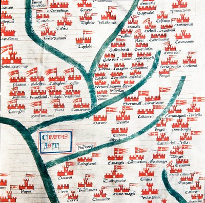 Map showing the municipalities belonging to the town of Asti in the 13th century Miniature taken from “” Codex Astensis” (or Malabayla), chronicles on the city of Asti between 1065 and 1353. 14th century. Preserve in the mayor of Asti بواسطة المدرسة الايطالية