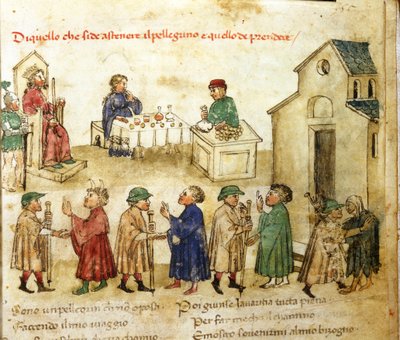 نموذج لسلوك الحجاج - في "Croniche del Sercambi" ، حوالي 1400. الأرشيف الوطني ، لوكا. بواسطة المدرسة الايطالية