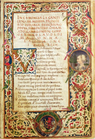 السيدة 392 صفحة 1 أغنية في مدح لور ، من "Sonetti، Canzoni e Triomphi" بقلم بترارك بواسطة المدرسة الايطالية