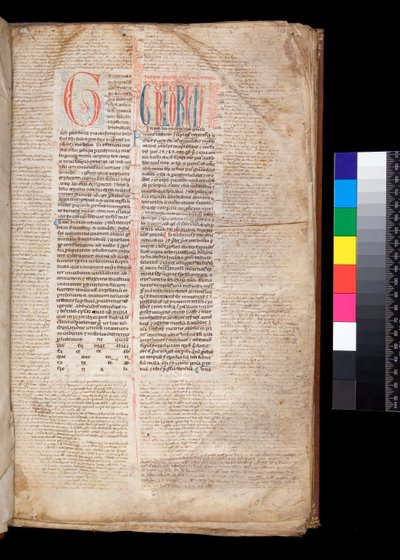 Ms 213. غريغوري التاسع ، Decretales with Apparatus بقلم برناردو بوتون من بارما ، ف. الأولي [G] باللون الأحمر مع زخرفة منقوشة وأزرق بواسطة المدرسة الايطالية