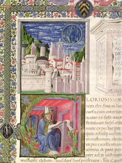 Ms 218 f.2r منظر لروما كمدينة الله ، وكتابة القديس أوغسطينوس ، من "De Civitate Dei" للقديس أوغسطينوس (354-430) 1459 (ورق) بواسطة المدرسة الايطالية