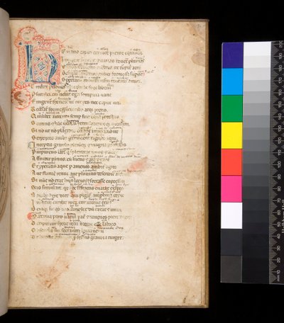 Ms 315. Horace، Ars Poetica and Epistulae، f.1r. مزخرف [N] مبدئيًا بحشو حفاضات باللونين الأزرق والأحمر وأعمال القلم المحيطة باللون الأحمر بواسطة المدرسة الايطالية