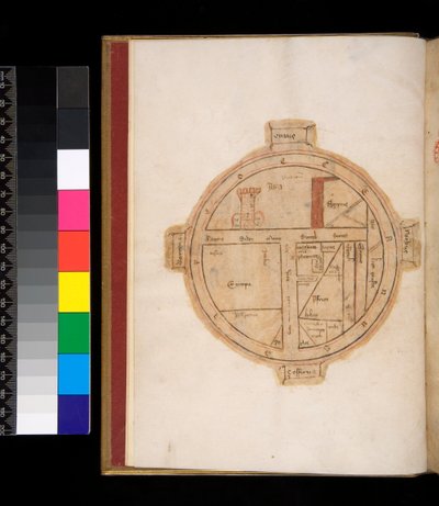 Ms 315. Horace، Ars Poetica and Epistulae، f.1v. K خريطة العالم مع برج يمثل القدس بواسطة المدرسة الايطالية