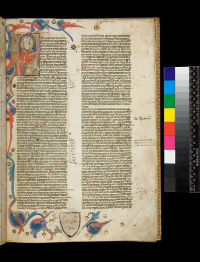 Ms 370. Orosius، Historiarum Adversum Paganos Libri Septem، f.2r. حرف مبدئي مضاء مزخرف [P] ، مع صورة لمؤلف يرتدي زي الأسقف ، وإطار جزئي بزخارف ورقية ، بولونيا أو بادوفا بواسطة المدرسة الايطالية