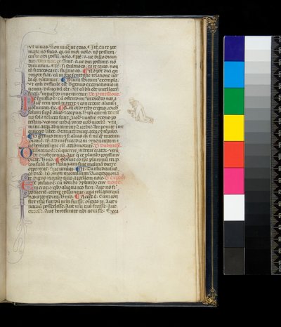 Ms 373. Pseudo-Cicero، Rhetorica ad Herenary، and other Works، f.50r. أحرف استهلالية مزدهرة بالقلم وزخرفة على الهامش تمثل راهبًا راكعًا حافي القدمين ، حوالي 1337 بواسطة المدرسة الايطالية