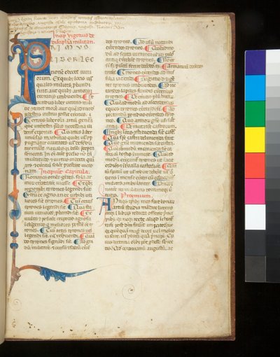 Ms 398. Vegetius، Epitoma rei Militaris، f.1r. بداية مزخرفة [P] تمتد لتشكل حافة جزئية من العصي والأكانثوس ، بادوفا ، أواخر القرن الثالث عشر (رق) بواسطة المدرسة الايطالية