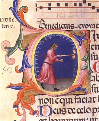 Ms 559 f.113v حرف `` O '' مبدئي تاريخي يصور القديس يوسف ممسكًا بقضيب مع علمين مزينين بالحمامات ، من سفر المزامير لسانتا ماريا نوفيلا ، ينير بواسطة باولو سولديني (من 1342 إلى 86) 1379 (ورق) بواسطة المدرسة الايطالية