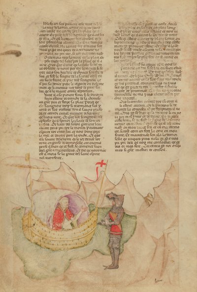 السيدة Fr 343 fol.32v السفينة البيضاء تأتي لإنقاذ بيرسيفال من كويست ديل سانت جراال ، 1380-85 بواسطة المدرسة الايطالية