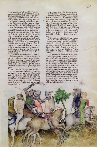 السيدة Fr 343 fol.43 يُجبر فارس المائدة المستديرة ، السير بورس ، على الاختيار بين إنقاذ شقيقه ليونيل أو إنقاذ الفتاة من كويست ديل سانت جراال ، 1380-85 بواسطة المدرسة الايطالية
