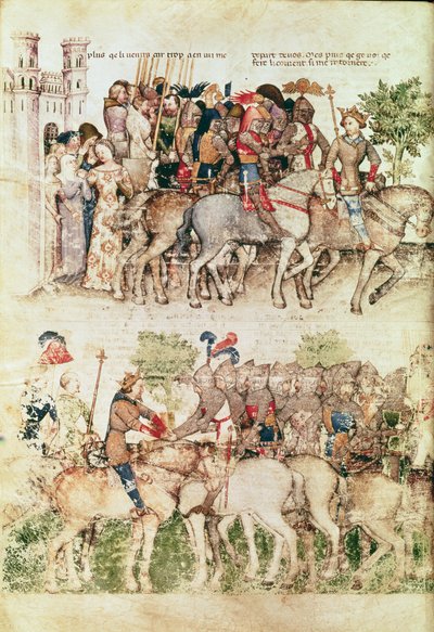 السيدة Fr 343 fol.8v آرثر وفرسانه يشرعون في البحث عن الكأس المقدسة ، من Queste del Saint Graal ، c.1380-85 بواسطة المدرسة الايطالية