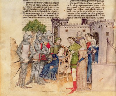 Ms Fr 343 fol. 59v وفاة أخت النسبة المئوية ، من كويست ديل سانت غرال ، 1380-85 بواسطة المدرسة الايطالية