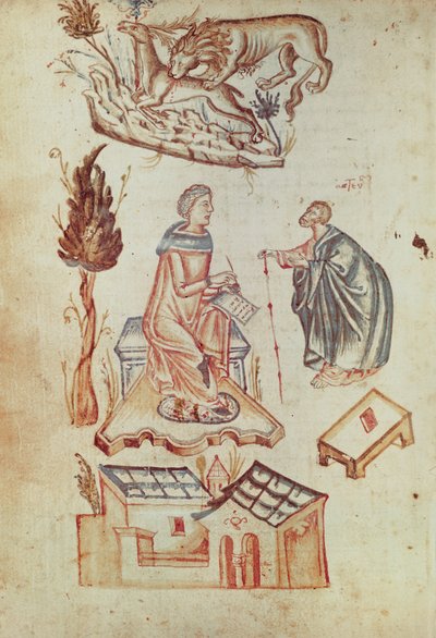 Ms Grec 36 f.187v استشارة طبية في الهواء الطلق في العصور القديمة ، من مجموعة من النصوص العلمية بواسطة المدرسة الايطالية