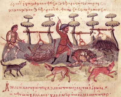 السيدة Grec 479 الصيد بالشبكات ، رسم توضيحي من Cynegetica بواسطة Oppian (درجة الحرارة على الرق) بواسطة المدرسة الايطالية