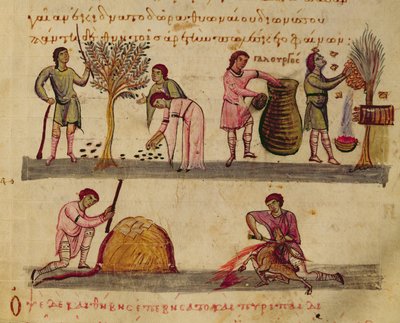 Ms Grec 479 العمل في الحقول ، التوضيح من Cynegetica بواسطة أوبيان (درجة الحرارة على الرق) بواسطة المدرسة الايطالية