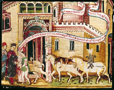 السيدة H. V-5 فرض ضرائب على التجار الذين يدخلون المدينة ، من "Codice dei Privilegi" (ورق) بواسطة المدرسة الايطالية