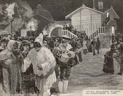 Music kiosk to raise money for blind, Pulcinella mask, Carnival in Naples, Italy, engraving from drawing by Matania, engraving by Gamberoni from L