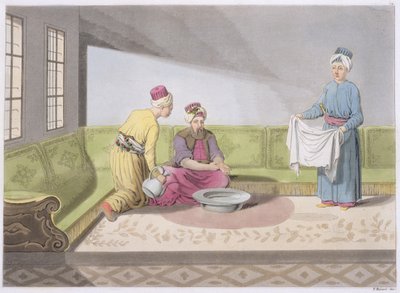 مسلم يؤدي الوضوء ، اللوحة 34 من الجزء الثالث ، المجلد الأول من تاريخ الأمم ، منقوش بقلم رينيري (أكواتنت) بواسطة المدرسة الايطالية