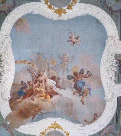 Mythological Scene with the Zodiac (fresco) بواسطة المدرسة الايطالية