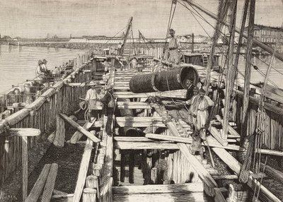 New aqueduct in Venice, laying the channel in the lagoon, Italy, engraving from drawing by Riera, from L