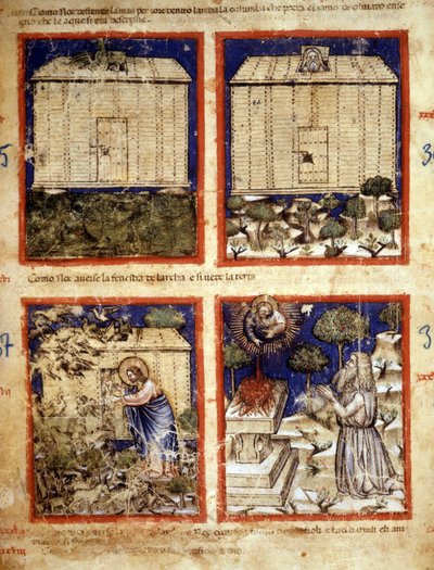 سفينة نوح ، مصغر مأخوذ من مجلد مخطوطة 212 (أو مخطوطة بادوفانو أو الكتاب المقدس لبادوا) 1390-1400 روفيغو ، أكاديميا دي كونكوردي بواسطة المدرسة الايطالية