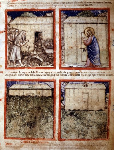 سفينة نوح ، مصغر مأخوذ من مجلد مخطوطة 212 (أو مخطوطة بادوفانو أو الكتاب المقدس لبادوا) 1390-1400 روفيغو ، أكاديميا دي كونكوردي بواسطة المدرسة الايطالية