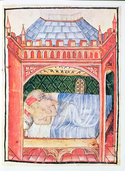 Nouy Acq Lot 1673 fol.100 زوجان في السرير ، من Tacuinum صحي ، c.1390-1400 بواسطة المدرسة الايطالية