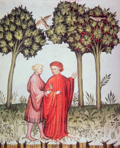 Nova 2644 fol.102v صديقان في نزهة معًا ، من Tacuinum Sanitatis Codex Vindobonensis (ورق) بواسطة المدرسة الايطالية