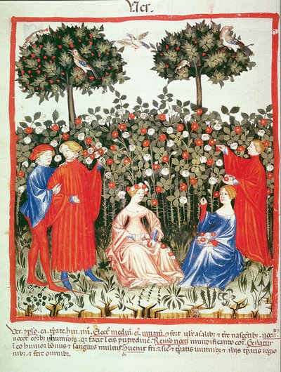نوفا 2644 fol.55v الربيع: جمع الزهور من Tacuinum Sanitatis بواسطة المدرسة الايطالية