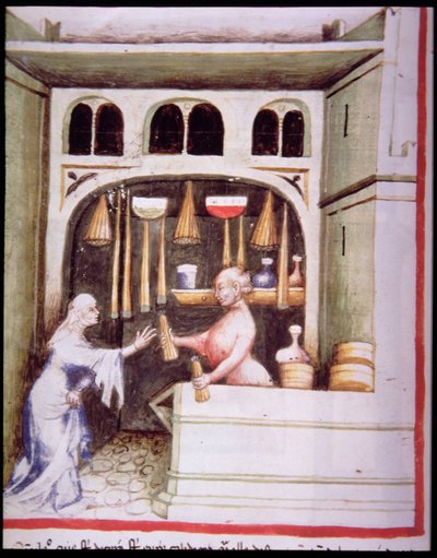 جديد 2644 fol.95v متجر الشموع ، من Tacuinum الصحي بواسطة المدرسة الايطالية