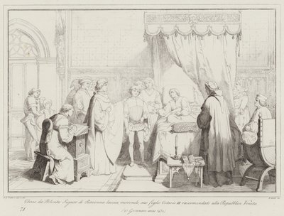 يترك Obizzo da Polenta Signor di Ravenna يحتضر ، وأوصى ابنه Ostasio III ... (نقش) بواسطة المدرسة الايطالية