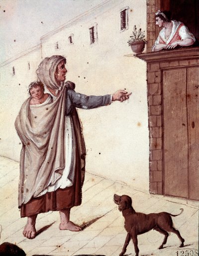 Old Neapolitan metiers: a beggar and her child in the streets of Naples - (Old Neapolitan trades: a beggar) Watercolour of the 19th century - Naples Museo Nazionale di San Martino بواسطة المدرسة الايطالية