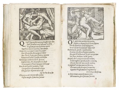 صفحة من "Sonetti Lussuriosi" بقلم Pietro Aretino ، مصورة بواسطة Giulio Romano ونقشها Marcantonio Raimondi ، نُشرت البندقية ، حوالي 1527 بواسطة المدرسة الايطالية