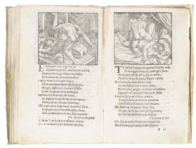 صفحة من "Sonetti Lussuriosi" بقلم Pietro Aretino ، تم رسمها بواسطة Giulio Romano ونقشها Marcantonio Raimondi ، نُشرت البندقية ، حوالي 1527 بواسطة المدرسة الايطالية