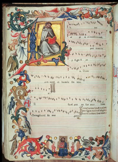 صفحة من التدوين الموسيقي بحرف أولي مؤرخ ، من Squarcialupi Codex ، أنتجت في دير فلورنتين S. Maria degli Angeli (رق) بواسطة المدرسة الايطالية