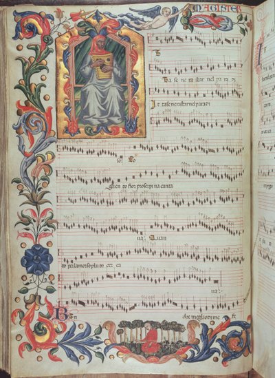 صفحة من التدوين الموسيقي مع الأحرف الأولى المؤرخة ، من Squarcialupi Codex ، أنتجت في دير فلورنتين S. Maria degli Angeli (رق) بواسطة المدرسة الايطالية