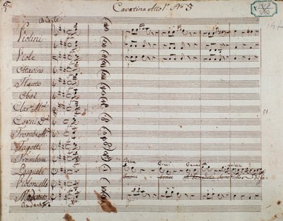 صفحة النوتة الموسيقية من الفصل الأول لأوبرا "Olivo e Pasquale" بقلم Gaetano Donizetti (حبر على ورق) بواسطة المدرسة الايطالية