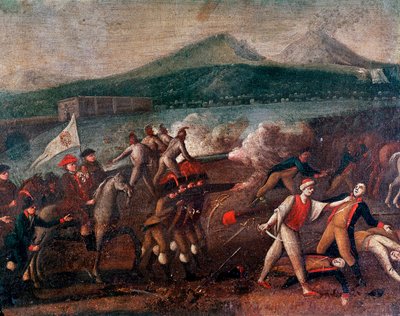 أعلنت جمهورية البارثينوب (أو جمهورية نابولي) في 21/01/1799: الكاردينال فابريزيو ديونيجي روفو دي بانارا (1744-1827) على رأس جيش سانتا فيدي يصل إلى نابولي لمطاردة الجمهوريين الفرنسيين. لوحة مجهولة حوالي عام 1799. نابولي ، نازيون بواسطة المدرسة الايطالية