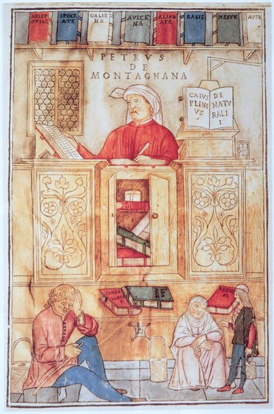 Petrus de Montagnana ، رسم توضيحي من "Fasciculus Medicinae" بقلم جان دي كيتام ، نُشر في البندقية عام 1495 (نقش خشبي ملون) بواسطة المدرسة الايطالية