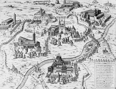 Pilgrims visiting Seven Churches of Rome during Holy Year of 1575, engraving, Italy بواسطة المدرسة الايطالية