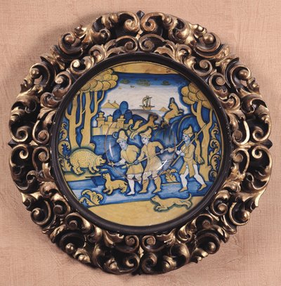 لوحة مزخرفة بمنظر صيد ، ورشة ديروتا ، c.1540-45 (مايوليكا) بواسطة المدرسة الايطالية