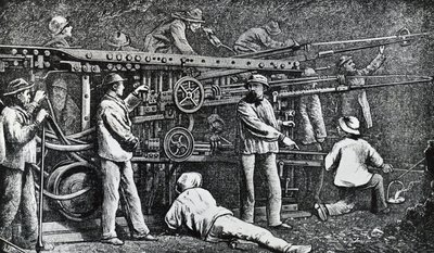 Pneumatic rock-drilling machine created by Giovanni Battista Piatti and perfected by Germano Sommeiller (1815-1871), engraving Italy بواسطة المدرسة الايطالية