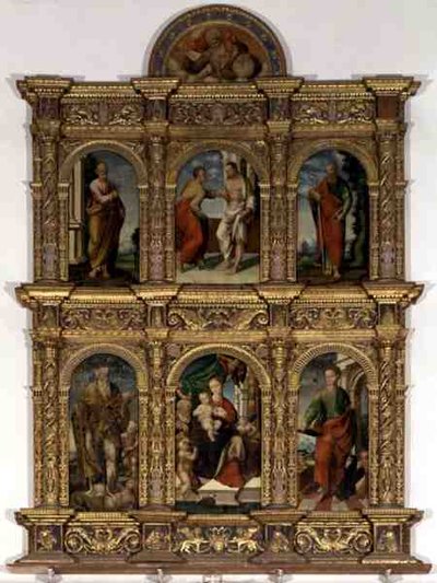 Polyptych تظهر مادونا والطفل مع القديسين (زيت على لوحة) بواسطة المدرسة الايطالية
