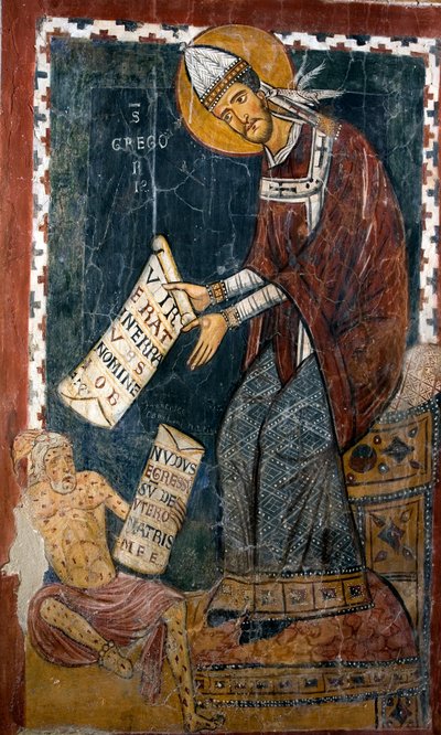 Pope Gregoire I the Great (540-604) and Job Saint Gregoire holds a paper where is written in Latin “” Vir erat in terra Hus nomine Job””” (There was a man from the land of Hus who was called Job), and Job “” Nudus egressus sum de utero matris meae”” (Nu I  بواسطة المدرسة الايطالية