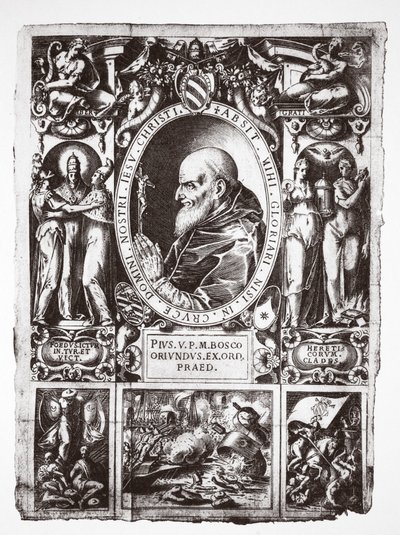 البابا بيوس الخامس ، مع الصور الكاملة لمعركة ليبانتو ، من Vita del Gloriosissimo Papa Pio Quinto ، حانة. 1586 بواسطة المدرسة الايطالية