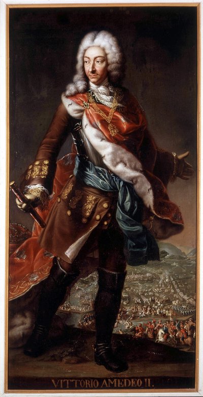 صورة لفيتوريو أميديو الثاني دي سافويا تسمى فولبي سافوياردا (1666-1732) (فيكتور أميدي الثاني أو فيكتور أميدي) ، دوق سافوي وملك صقلية آنذاك في سردينيا. لوحة محفوظة في قلعة أ. راكونيجي. بواسطة المدرسة الايطالية