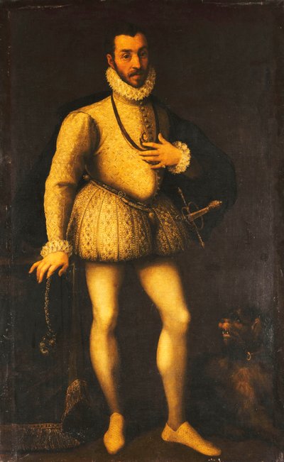 صورة لرجل نبيل ، كامل الطول ، يرتدي جركن أبيض مطرز ، عباءة وسيف ، c.1580 بواسطة المدرسة الايطالية